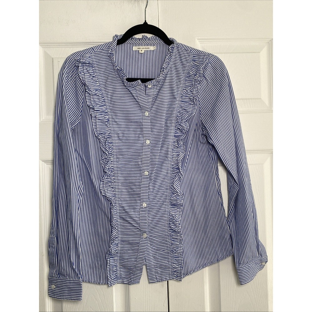 Avec Les Filles Ruffle Striped Button Down Womens Size S Blue White Cotton Top